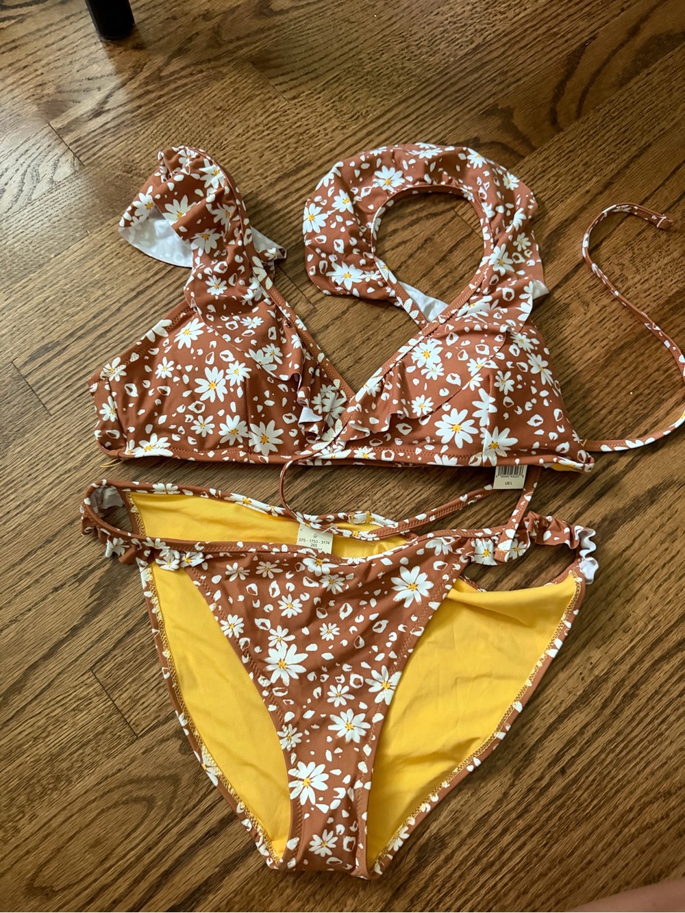 aerie Daisy Print Bikini Set in Rust and Yellow